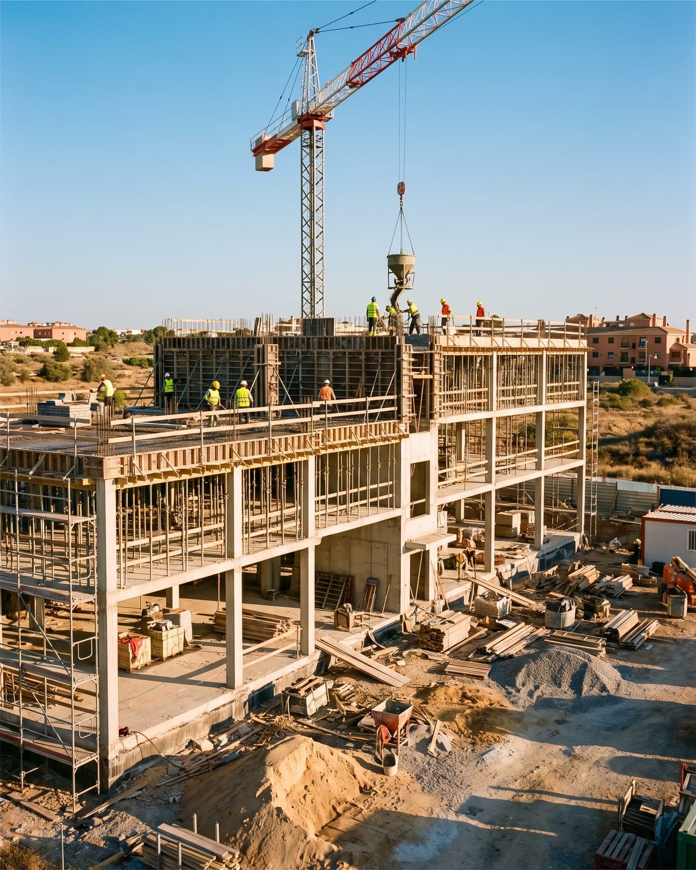 Estructura de hormigón en construcción con grúa torre y operarios en obra